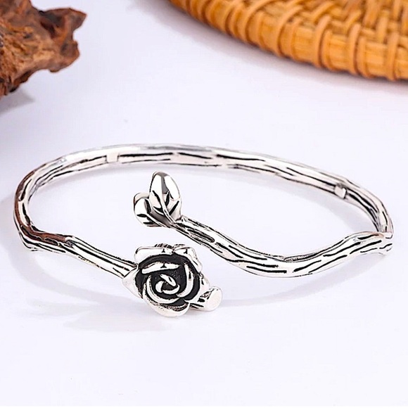 Rose Flower Sterling Silver Bangle Bracelet - Picture 4 of 6